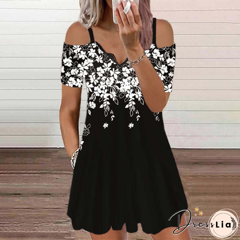 Womens Dress Summer New Fashion Lace V-neck Flower Printed Sexy Casual Short Sleeve