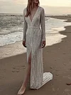 Shiny Spangle Plunging Long Sleeves Maxi Dress