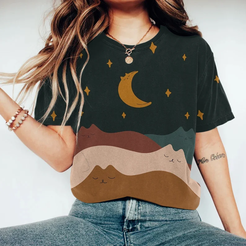 Abstract Creative Moon Cat Painting Art T-Shirt