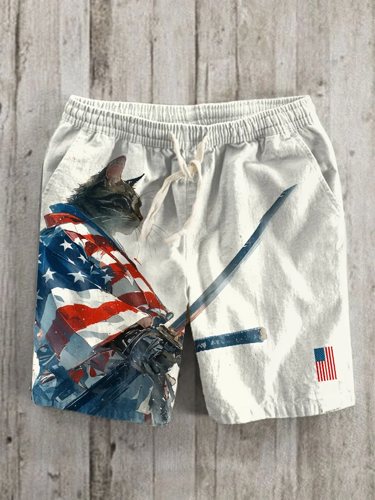 Men's Patriotic Cat Warrior Ink Painting Print Casual Shorts