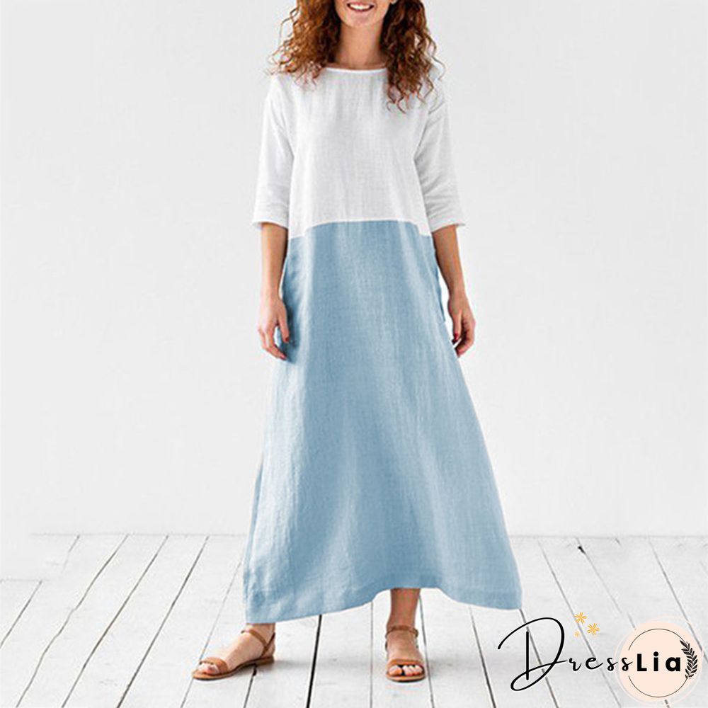 Loose Solid Cotton Linen Patchwork Dress Round Neck Seven Sleeve Skirt