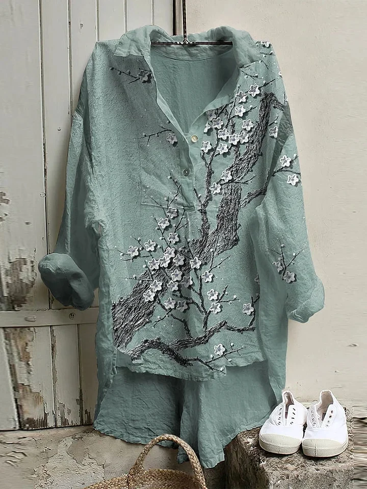 Retro Color Block Blossoms Japanese Painting Art Woven Tunic