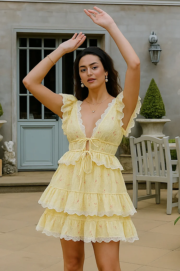 Lace Trim V Neck Short Sleeve Tie Up Ruffled Mini Dresses-Yellow [Pre Order]