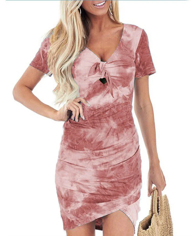 Irregular V-neck tie-dye print dress