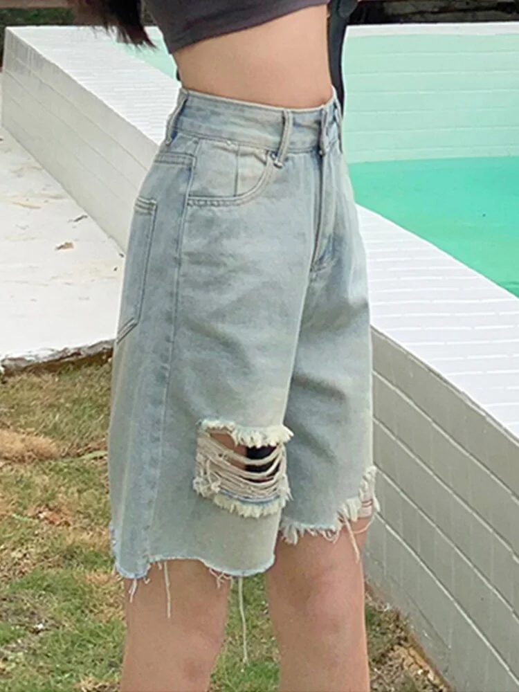 Nncharge New Summer Women Fashion Hole Wide Leg Denim Shorts Female Casual Vintage High Waist Solid Color Straight Jean Shorts
