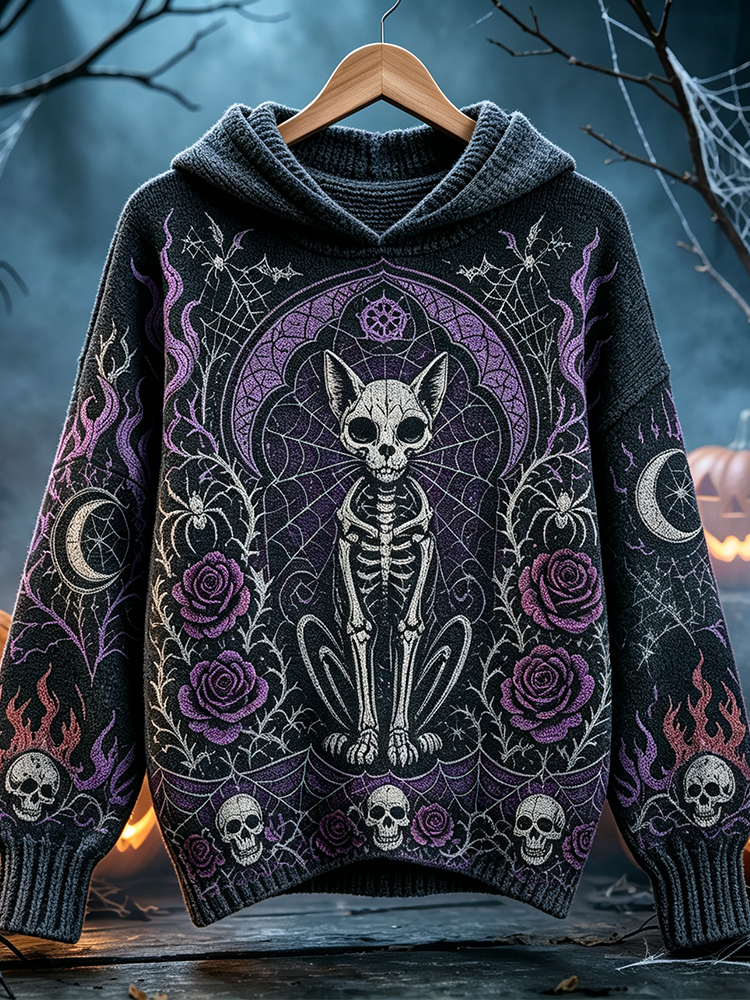 Comstylish Women's Halloween Gothic Skull Cat Pattern Hooded Sweater - Purple Moon Rose Skull Pattern