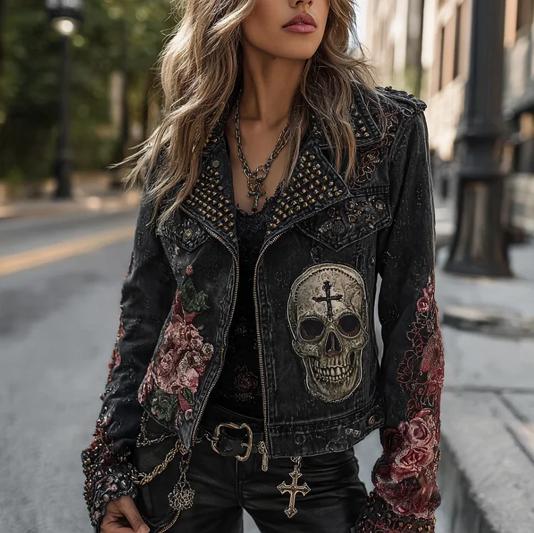 A Retro Women's  Gradient Denim Jacket With Gothic Skull And Floral Elements Design For Halloween.