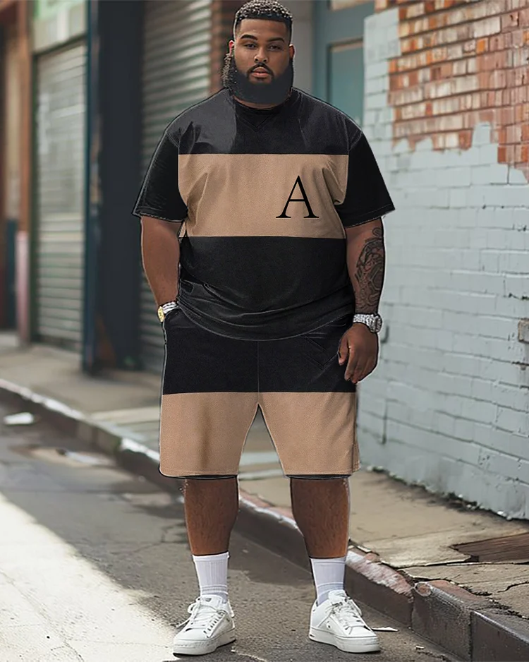 Men's Plus Size Simple Colorblock Alphabet Print T-shirt Shorts Suit