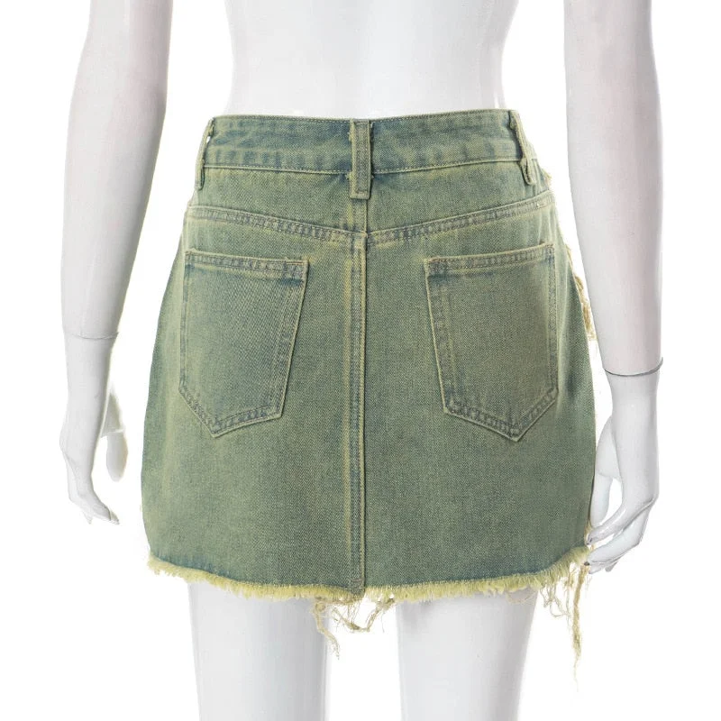 huibahe Holes Denim Mini Skirts Women Fashion Button Fly High Waist Jeans Petticoat Female Y2K Streetwear Wholesale Drop Shipping