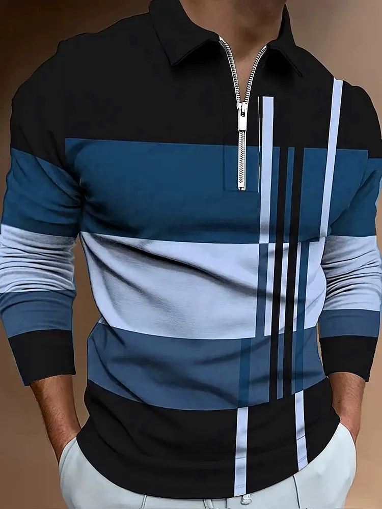 Men's Striped Luxe Zipper Neck Long Sleeve Polo Shirt