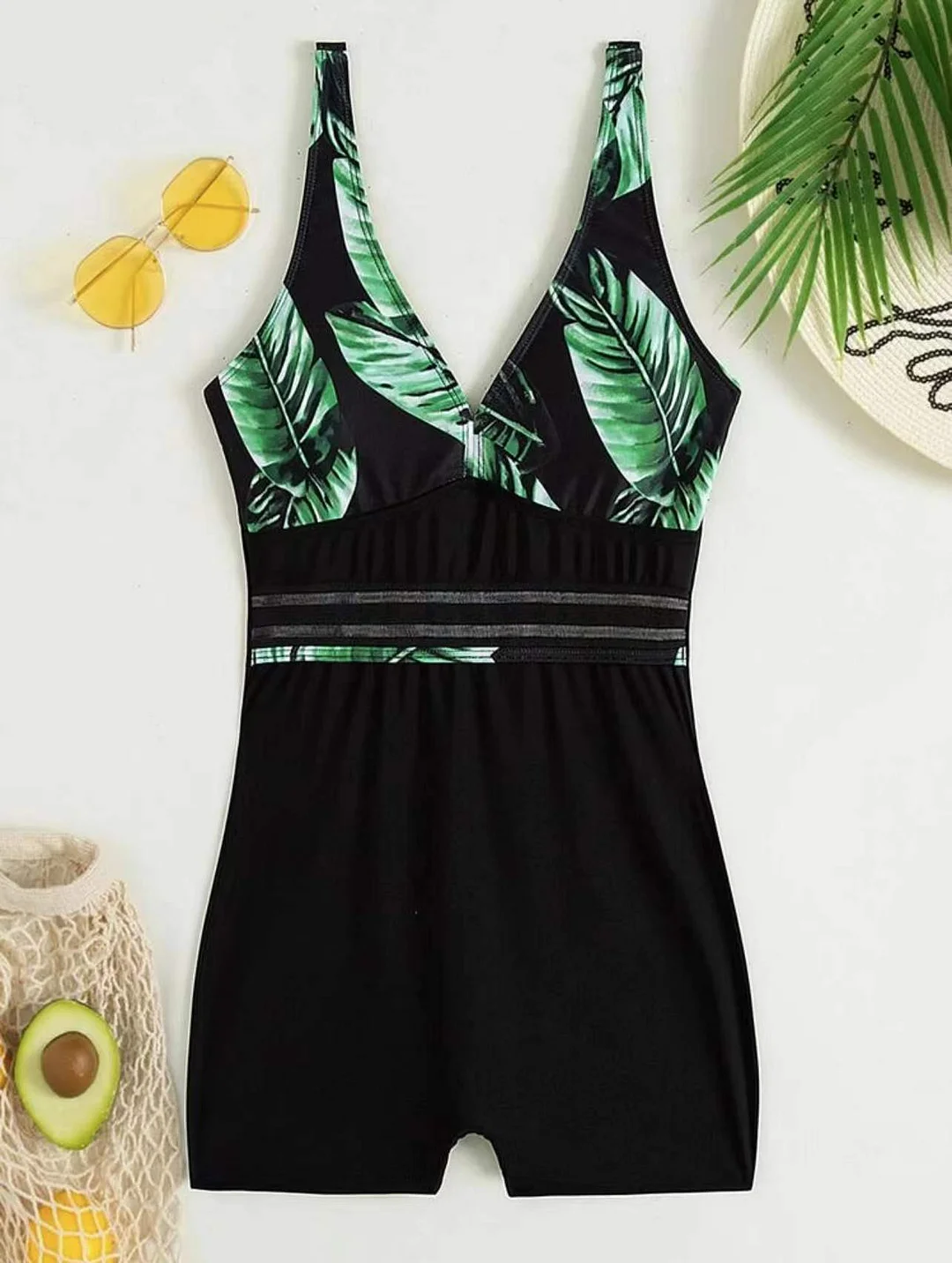 Brownm 2022 New Leaf Print Flat-Angleed Panties Jumpsuit