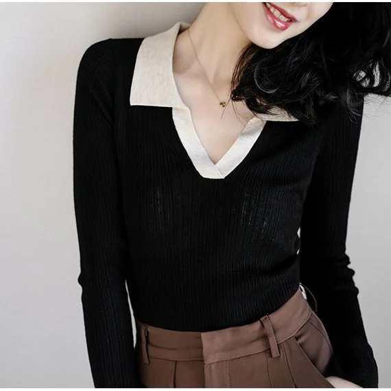 Korobov 2023 Autumn Winter Women Knit Pullovers Korean Turn-Down Collar Long Sleeve Hit Color Patchwork Sweaters Women Jumper
