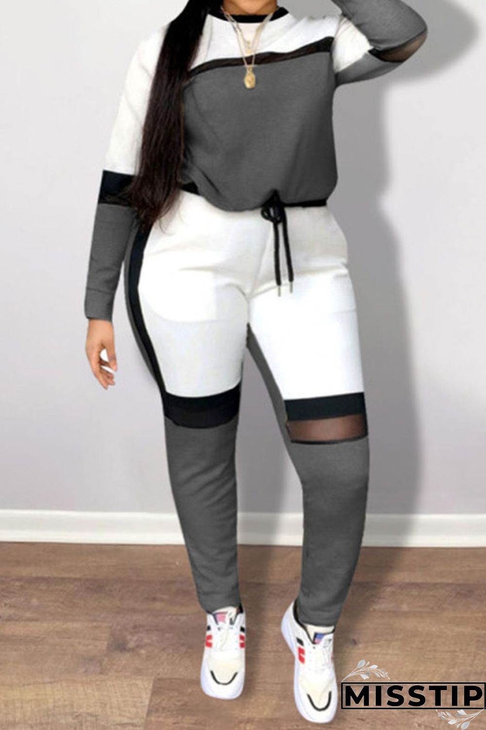 Grey Casual Sportswear Solid Patchwork O Neck Plus Size Two Pieces