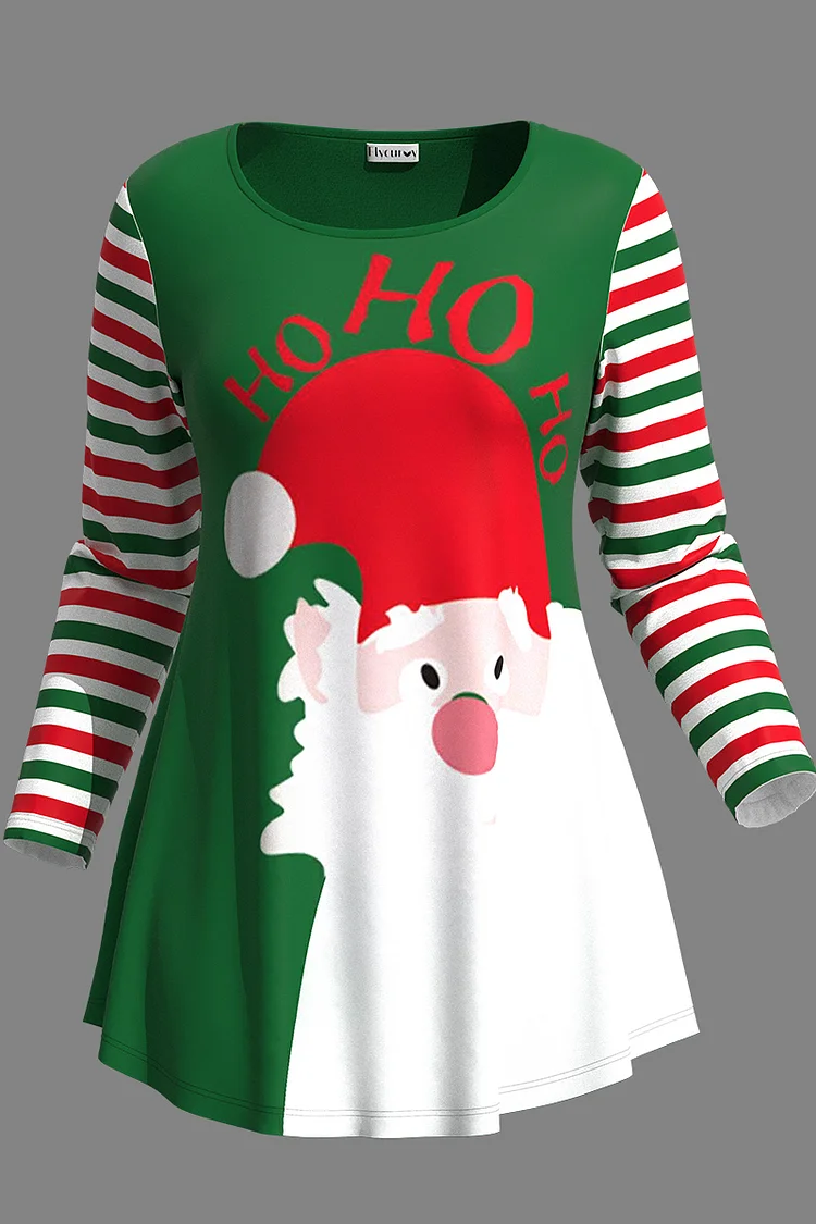 Flycurvy Plus Size Christmas Green Santa Claus Stitching Stripe Print Long Sleeve T-Shirt  Flycurvy [product_label]