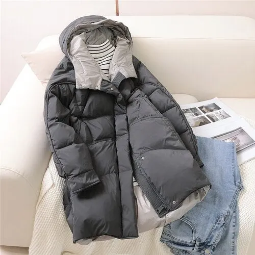 FTLZZ Winter Soft Fluffy Hooded Splicing Colour New Down Jacket Women White Duck Down Warm Coat Loose Warm Bread Clothes Outwear
