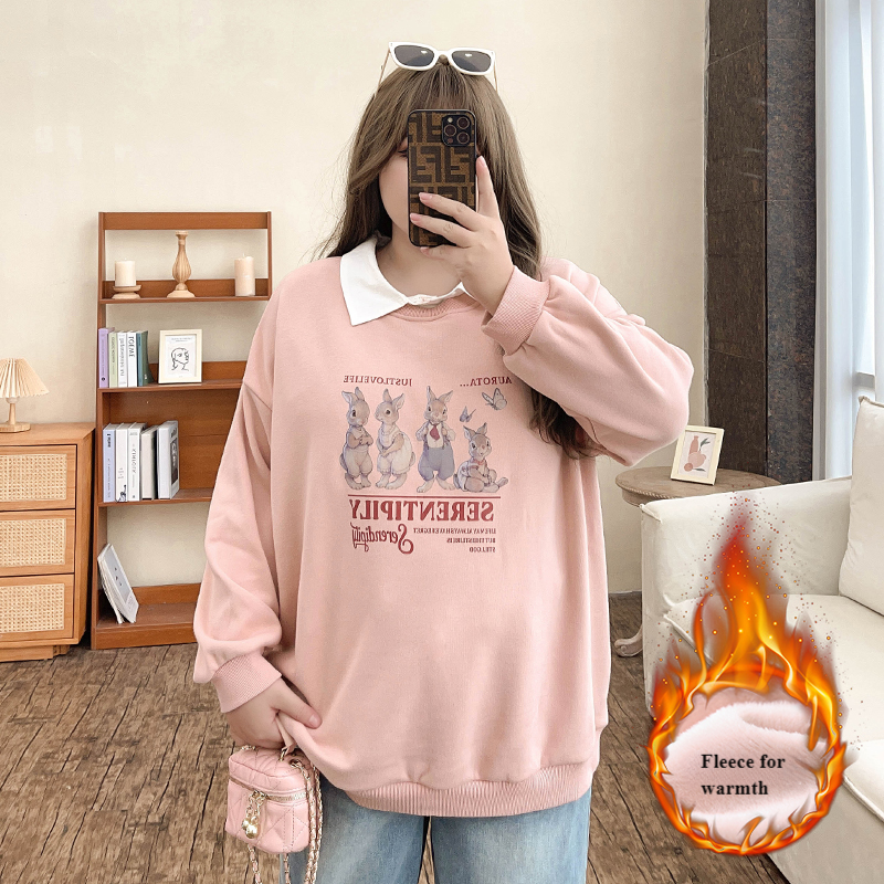 Cozy Warm Cartoon Letter Print Plus Hoodie: Plush Long-Sleeve Winter Pullover