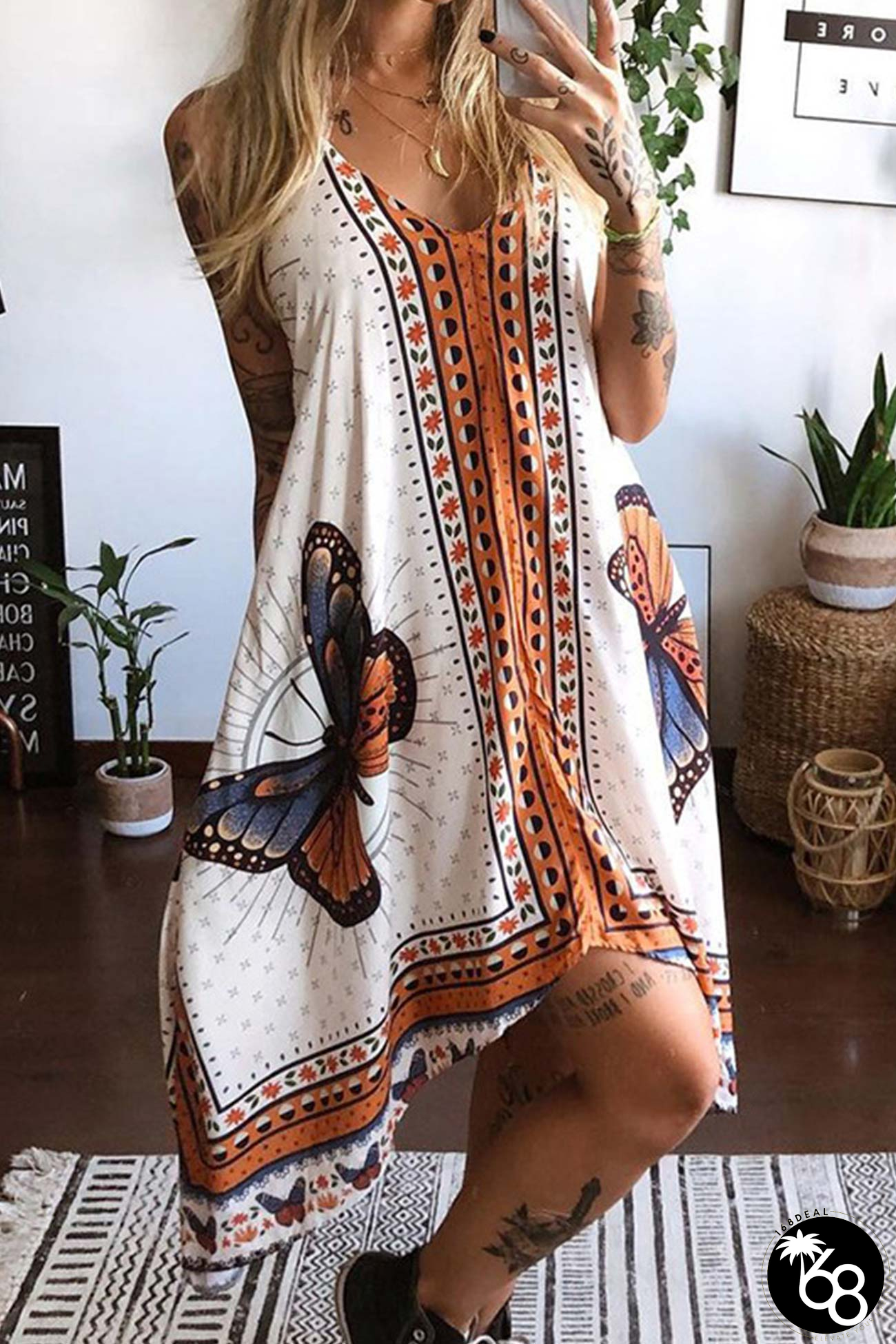 Butterfly Print Irregular Hem Halter Dress | 168DEAL