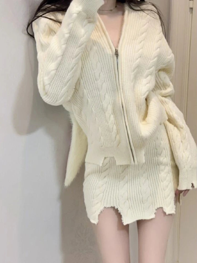 Knitted Japanese Kawaii Two Piece Set Women Warm Sweet Hooded Elegant Skirt Suit Female Korean Fashion Long Sleeve Cute Set Aiertu