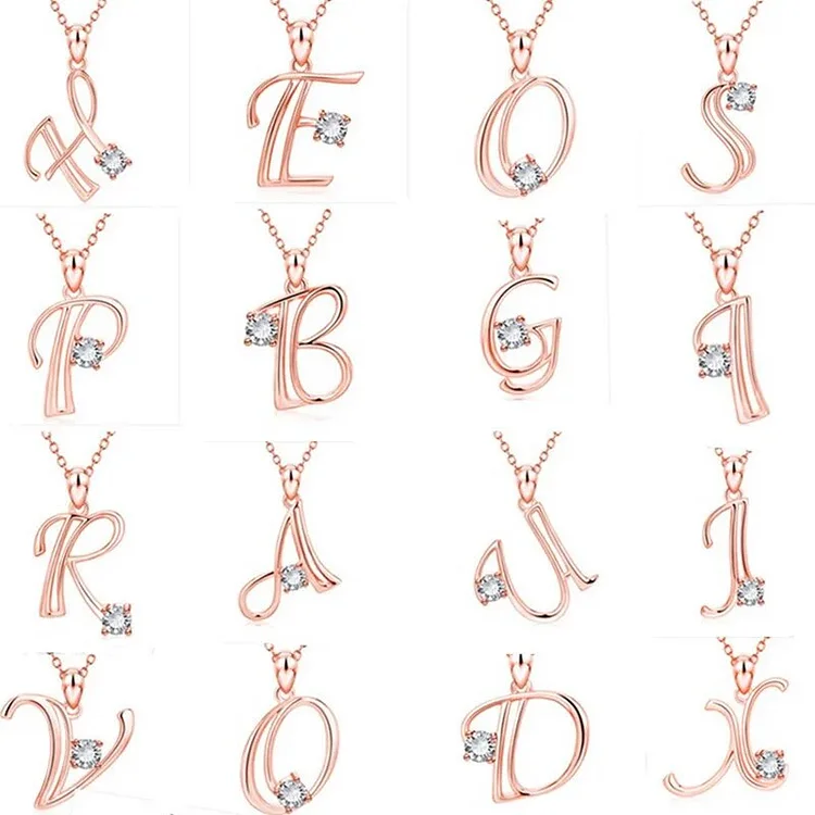 Name Initials Necklace For Women Stainless Steel Jewelry Fashion Elegant Rose Gold Alphabet Crystal Zircon Pendant Necklaces