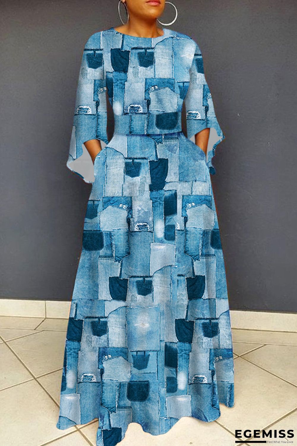 Blue Casual Print Printing O Neck Printed Dress Dresses | EGEMISS