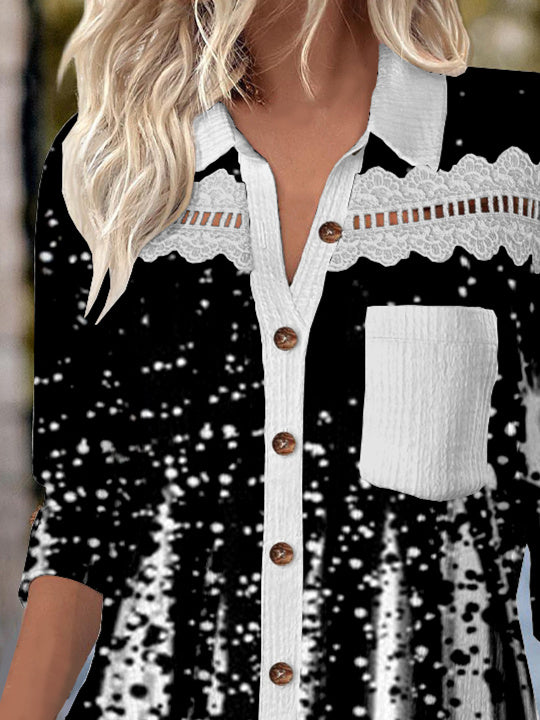 Women 3/4 Sleeve Shirt Collar Polka Dot Printed Graphic Lace Button Pockets Tops