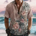 Vintage Gauze Cubic Floral Boho Style Men's Linen Short Sleeve Shirt - Image 2