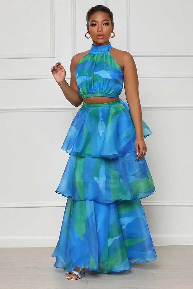 Halter Ruched Crop Top Layered Maxi Skirt Print Elegant Party Matching Set-Blue