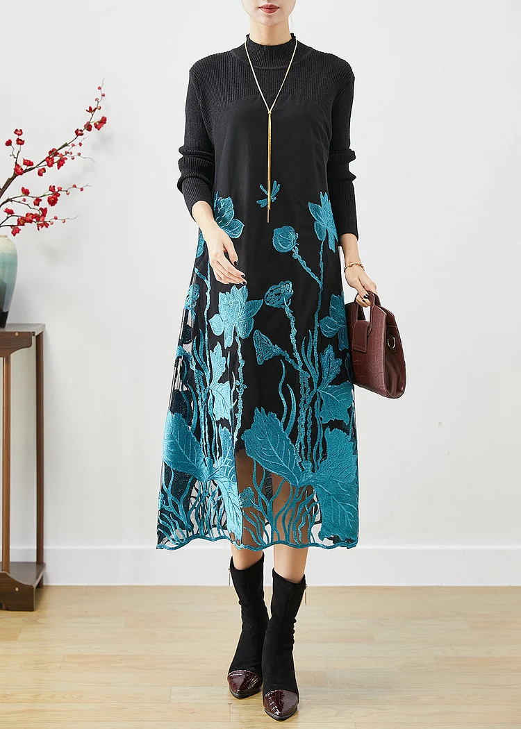 Classy Blue Lotus Embroideried Patchwork Knit Holiday Dress Fall