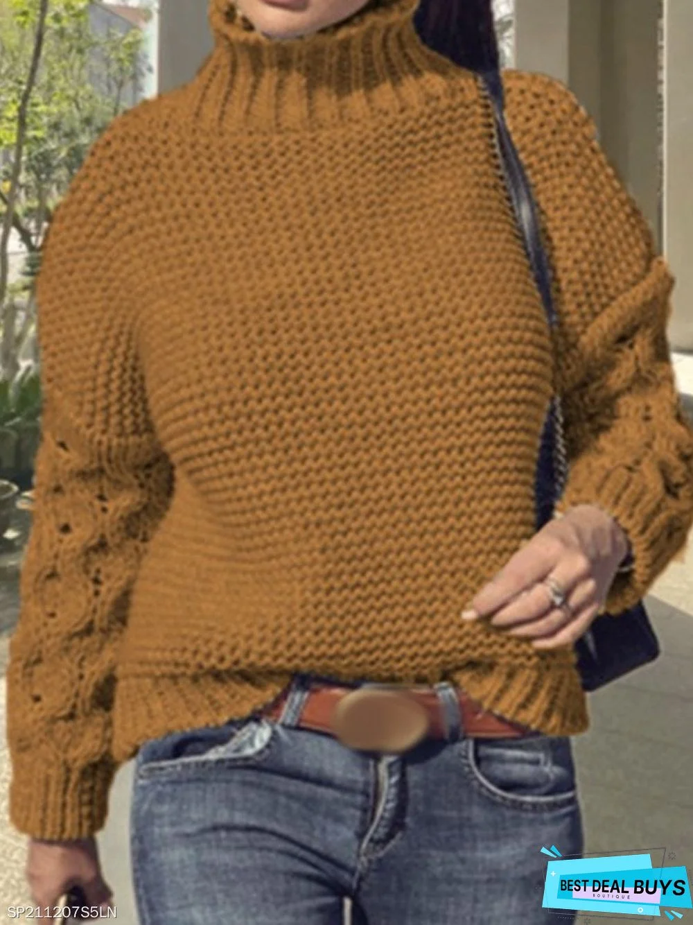 Fashion High-Neck Plain Hollow Casual Long-Sleeved Sweater