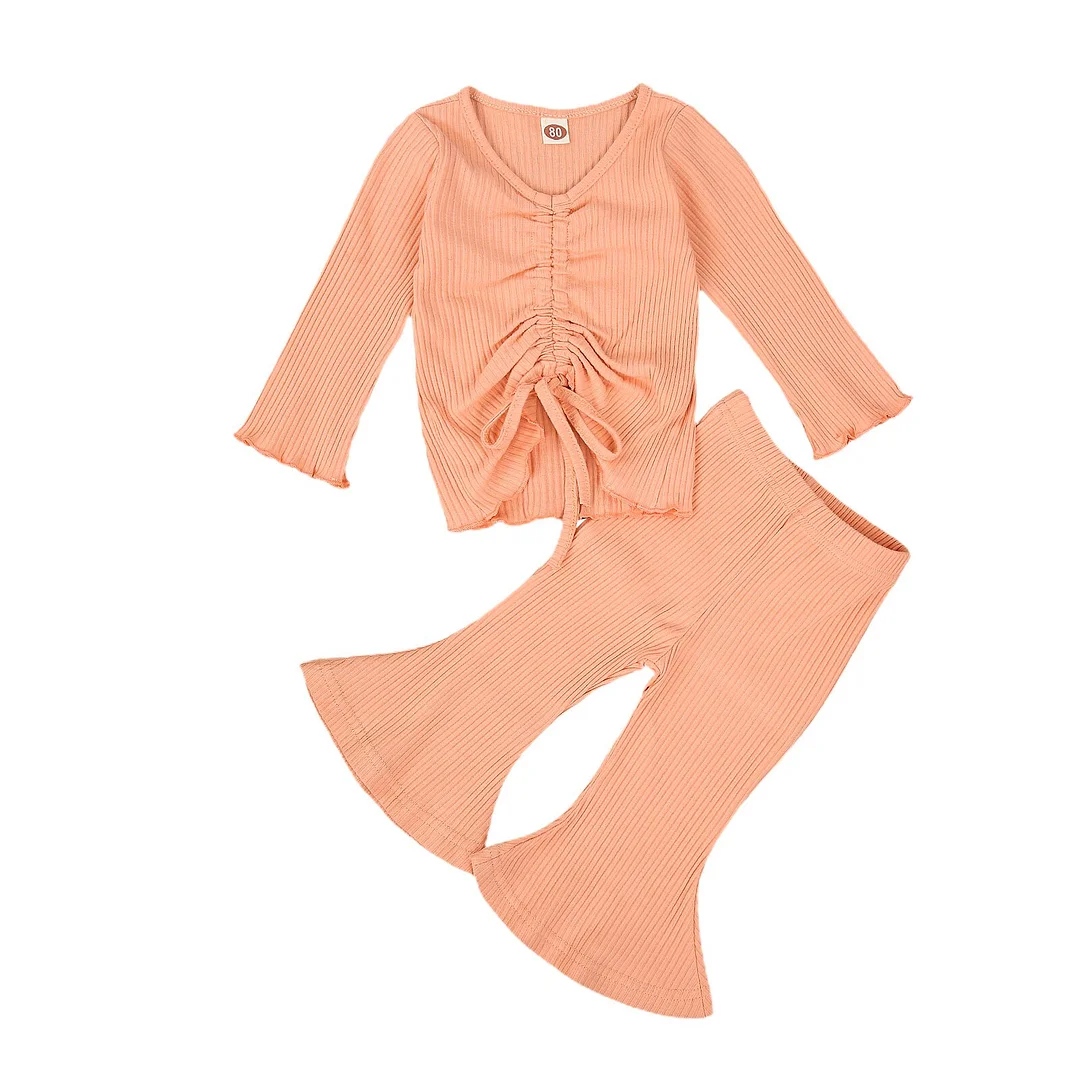 0-3Years Newborn Kids Baby Girls 2Pcs Set Ribbed Outfits Folds Ruffled Crops Tops Shirt Flare Pants Solid Spring Autumn Clothing