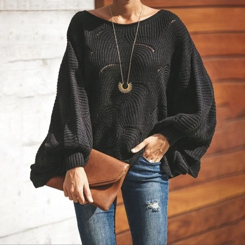 Women Loose Knitted Sweater Casual Oversized Soft Lantern Sleeve Hollow Out Pullover Fashion O-Neck Solid Female Sweaters Jumper