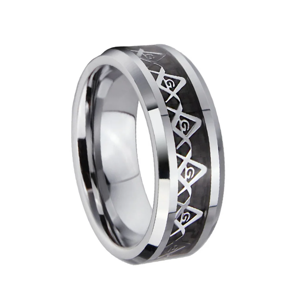 8MM Silver Masonic Decent Wide Tungsten Carbide Rings for Men