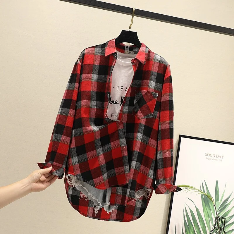 Women Blouses Shirts Tunic Womens Tops 2020 Long Sleeve Clothing Button Up Down Plaid New Fashion Autumn Turn-down Collar Good