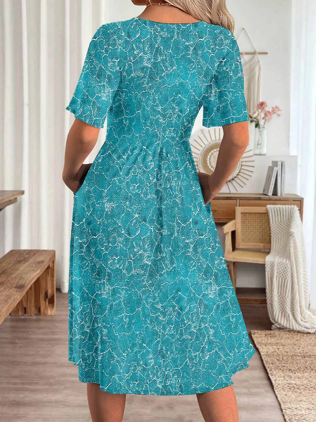 Women Graphic,Blue DZHA8223 Short Sleeve Scoop Neck Graphic Printed Hollow Midi Dress