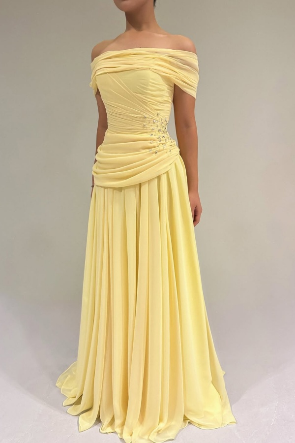 Lussooy Daffodil Charming Chiffon Off the Shoulder Beaded Prom Dress with Pleated 