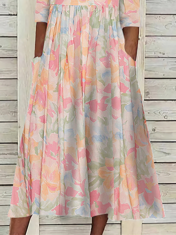 Women Half Sleeve V-neck Solid Color Dress