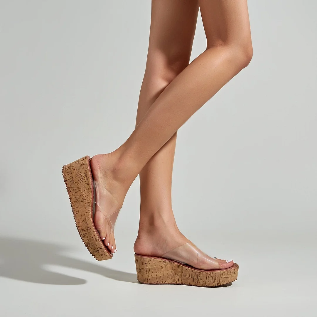 Cork Espadrille Platform Wedge Slides With Clear Straps For Women
