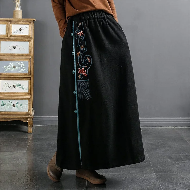 Autumn Retro Embroidery Linen A-Line Skirt