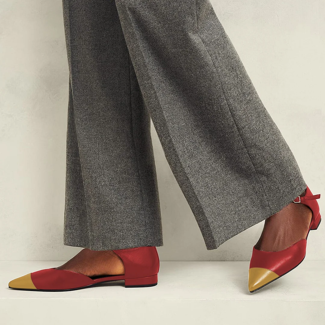 Red Vegan Leather Yellow Pointed Toe Buckle Strap Flat Pumps