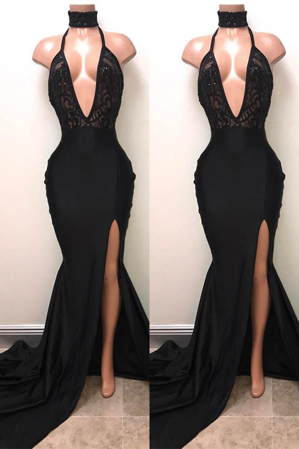 Bellasprom Black Sleeveless Prom Dress Mermaid Split With Sequins V-Neck Bellasprom