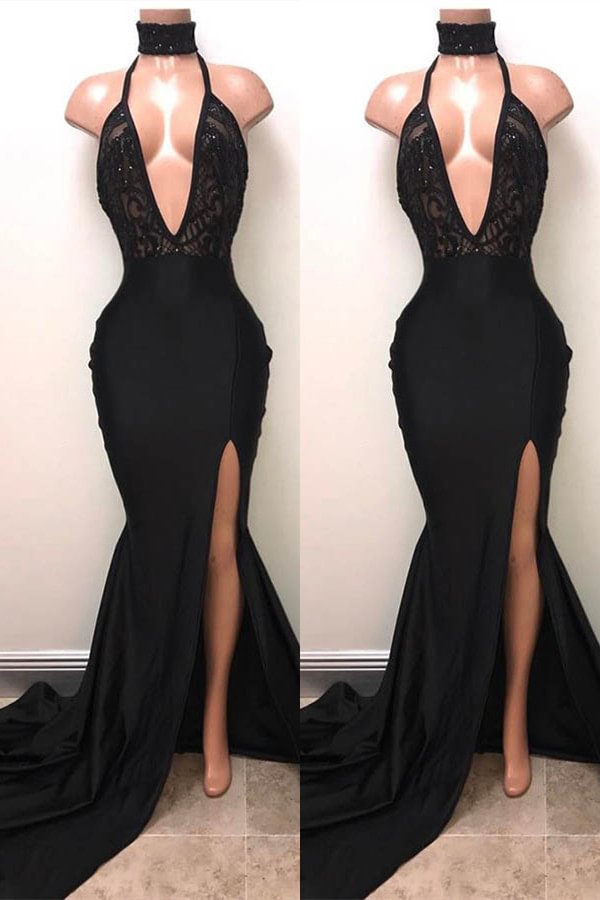 Luluslly Black V-Neck Sleeveless Prom Dress Mermaid Split With Sequins