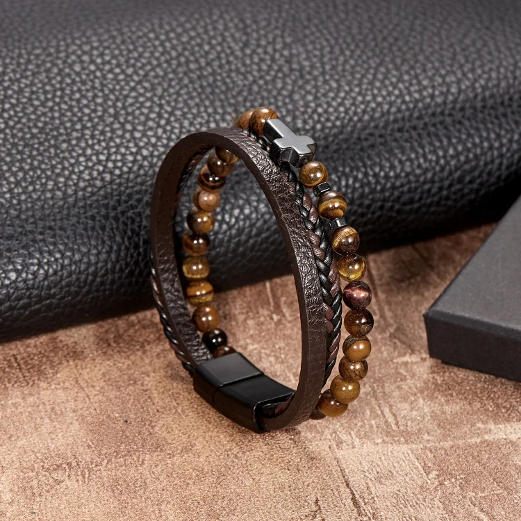 Olivenorma Natural Stone Beads Braided Leather Mens Bracelet