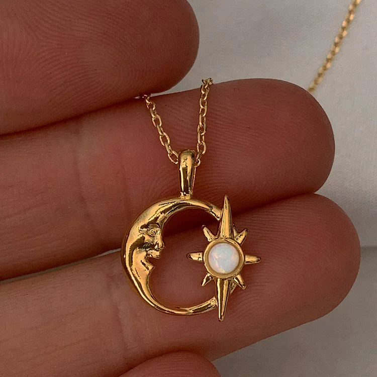 Olivenorma Natural Opal Hollow Star Moon Clavicle Necklace