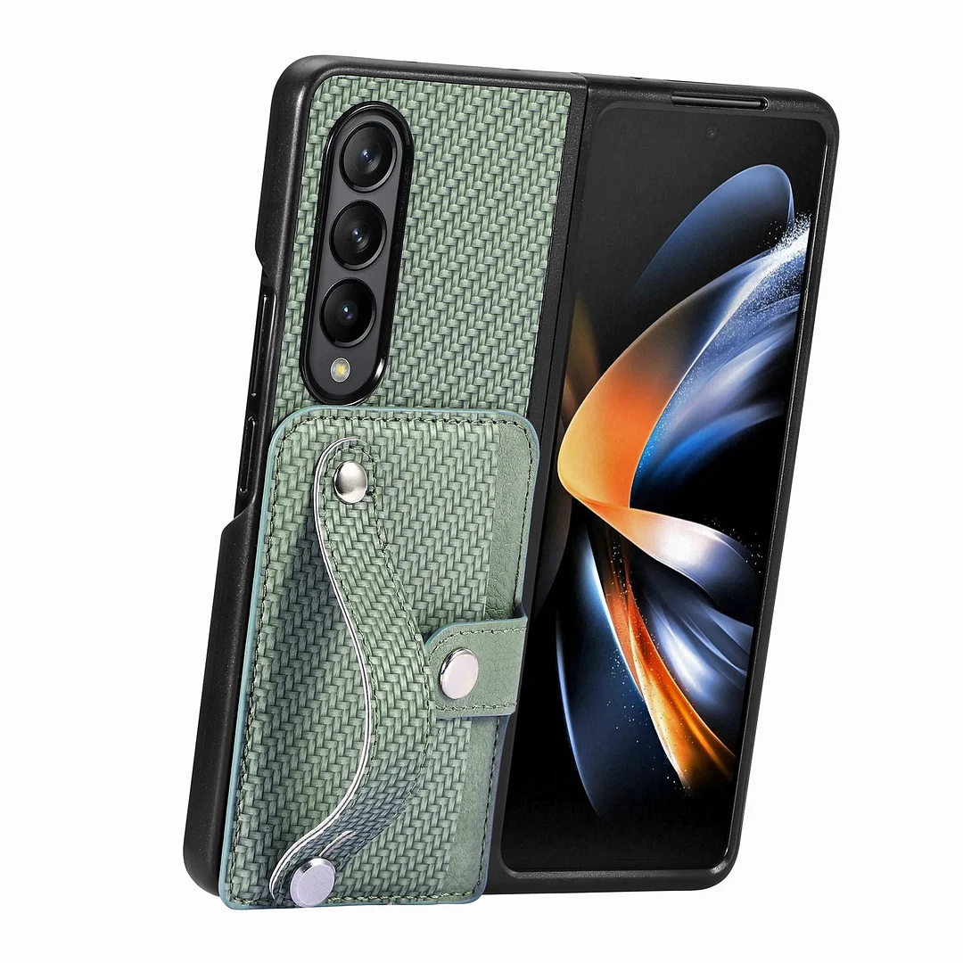 Luxury Fiber Phone Case With Cards Slot,Wristband And Kickstand For Galaxy Z Fold3/Fold4