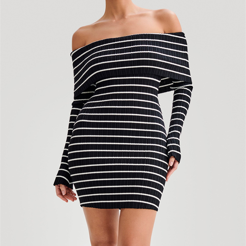 Ootddress Striped Knit Sweater Mini Dress For Women Bandeau Backless Elegant Fashion Summer Contrast Party Dress Knitwear Mini Dress