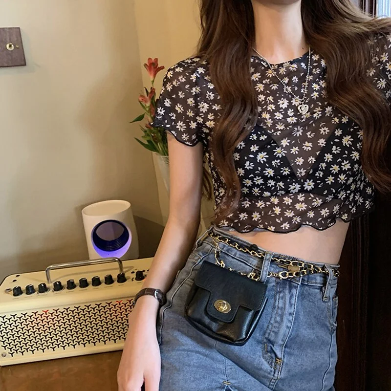 2021 New Summer Short Sleeve Mesh See-Through Crop Top Women Fashion Streetwear Outfits