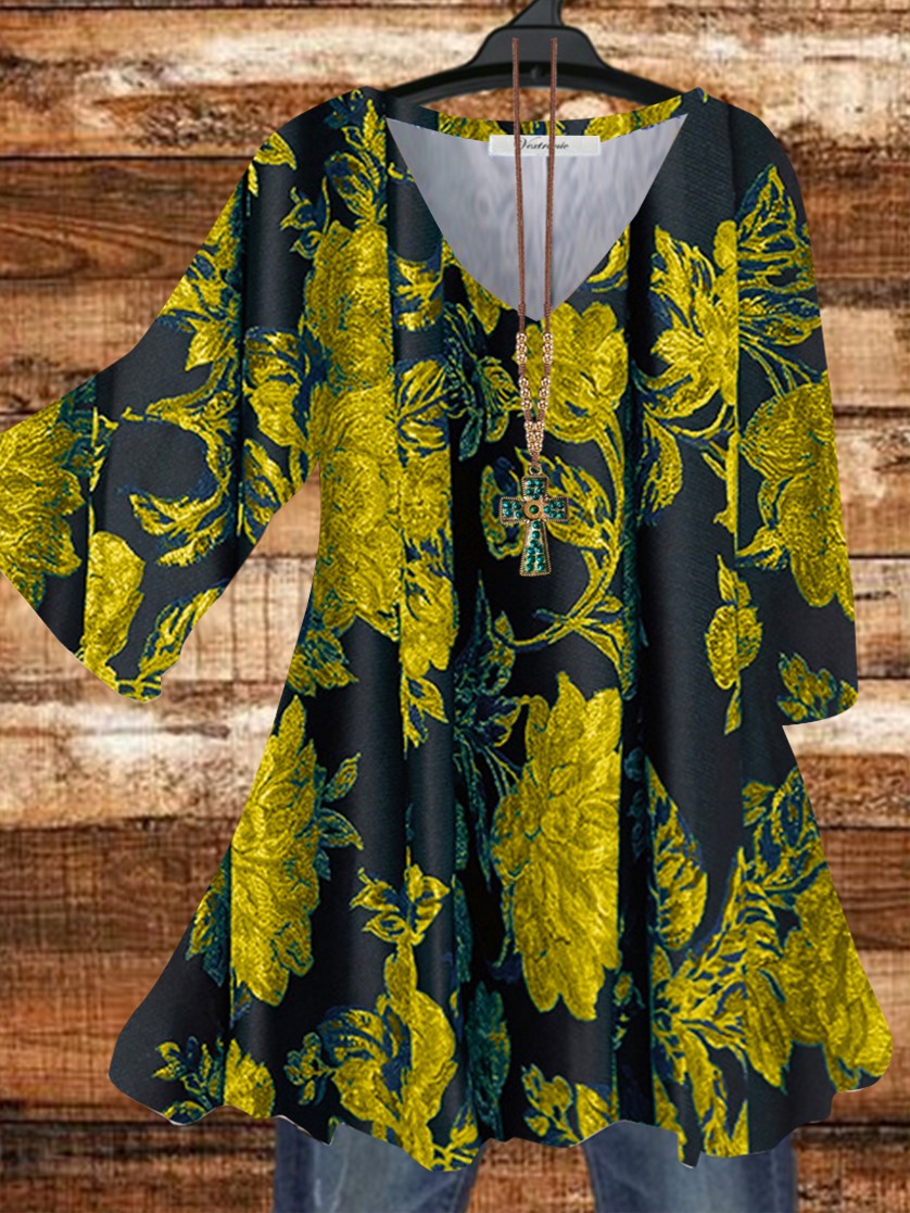 Women Half Sleeve V-neck Solid Color Dress