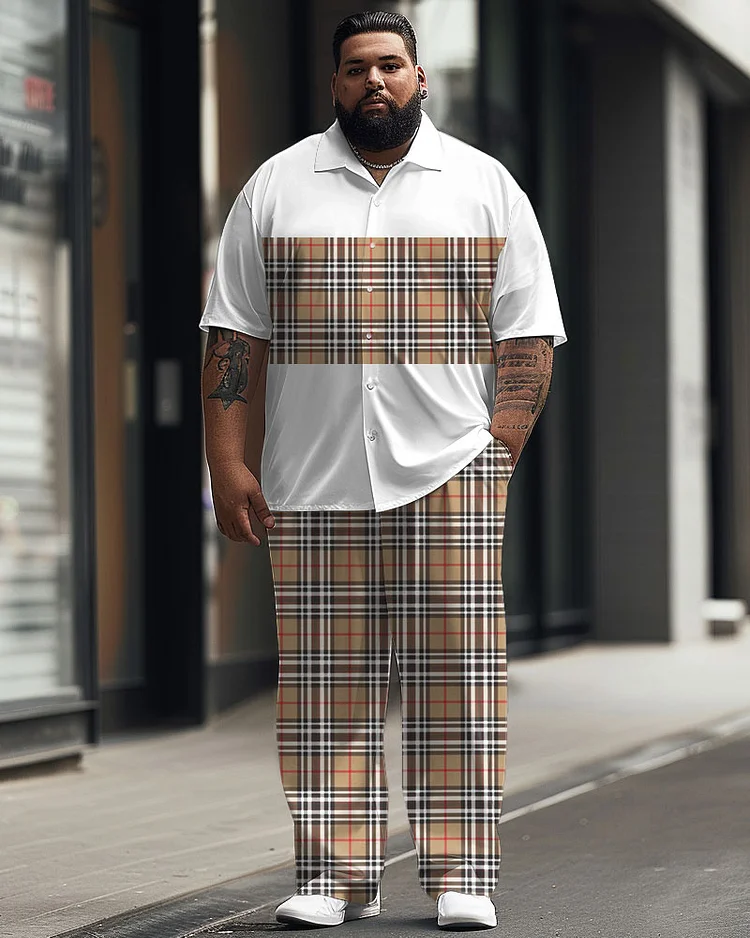 Men's Plus Size Simple Plaid Patchwork Printed Short-sleeved Shirt Suit
