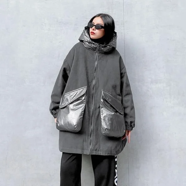 Winter New Fashion Women Big Pockets Contrast Color Hooded Collar Street Trendy
