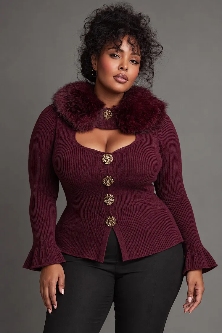 Xpluswear Design Plus Size Party Burgundy Round Neck Flare Long Sleeve Trimmings Cut Out Crochet Sweaters [Pre-Order] 2024 - Xpluswear
